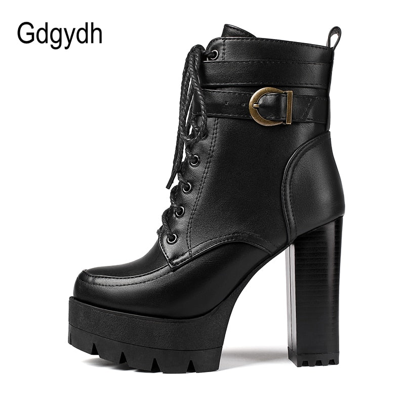 Gdgydh 2022 Russian Hot Sales Women Shoes Thick Platform High Heel Female Ankle Boots Round Toe Lace up Zipper Motorcycle Boots - TIKIJTRONICS # 0