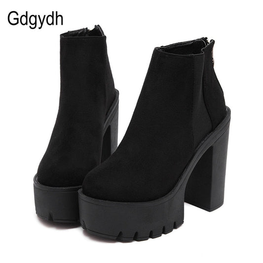 Gdgydh Fashion Black Ankle Boots For Women Thick Heels Spring Autumn Flock Platform Shoes High Heels Black Zipper Ladies Boots - TIKIJTRONICS # 0