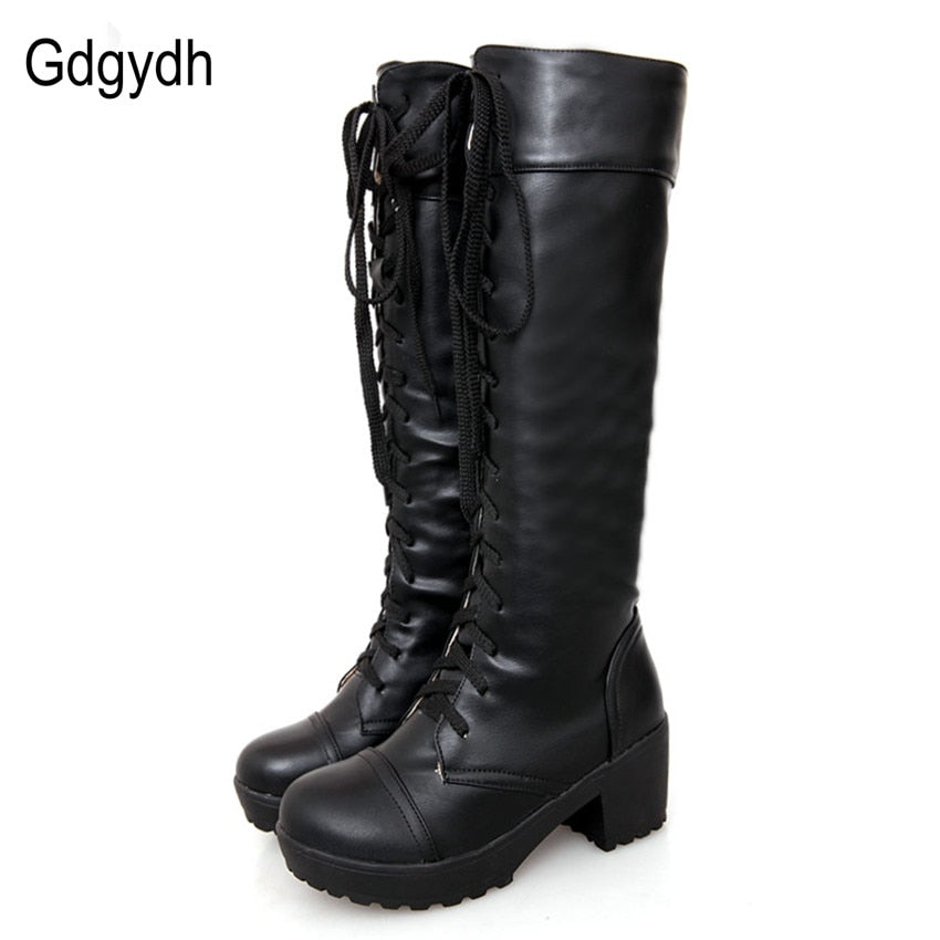 Gdgydh Large Size 43 Lace Up Knee High Boots Women Autumn Soft Leather Fashion White Square Heel Woman Shoes Winter Hot Sale - TIKIJTRONICS # 0