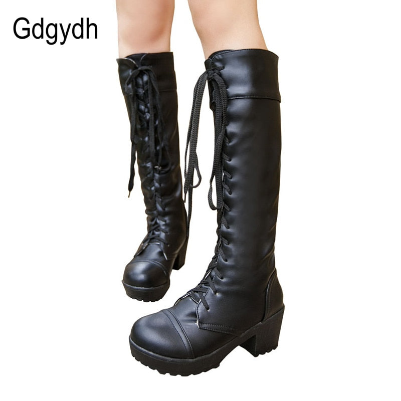 Gdgydh Large Size 43 Lace Up Knee High Boots Women Autumn Soft Leather Fashion White Square Heel Woman Shoes Winter Hot Sale - TIKIJTRONICS # 0