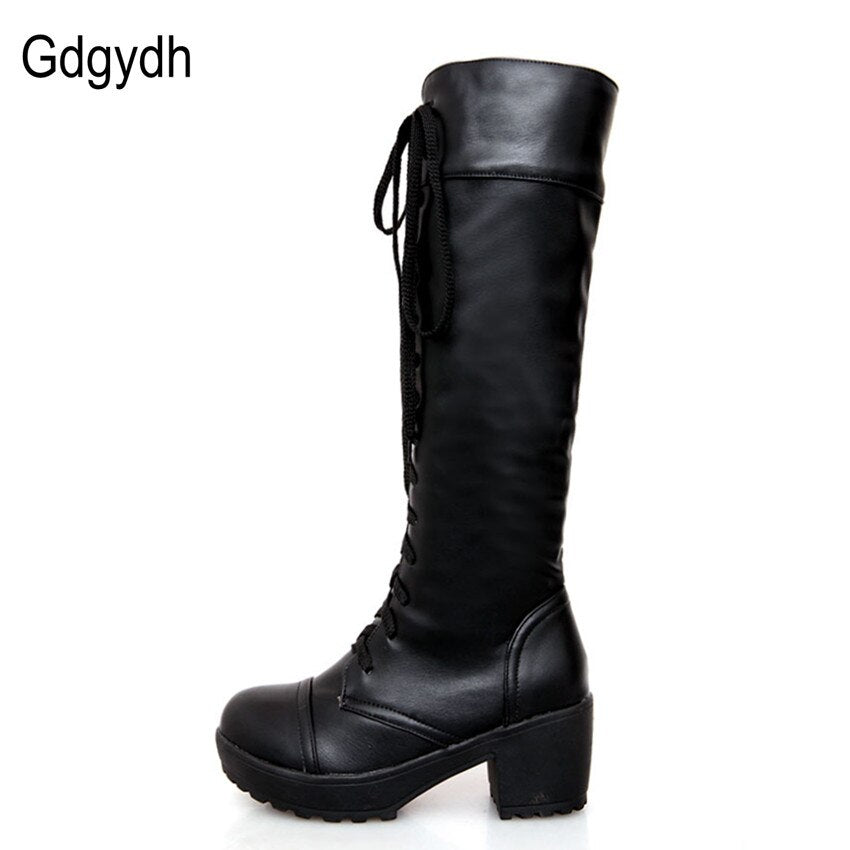 Gdgydh Large Size 43 Lace Up Knee High Boots Women Autumn Soft Leather Fashion White Square Heel Woman Shoes Winter Hot Sale - TIKIJTRONICS # 0