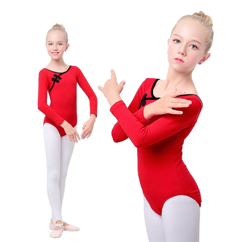 Girls Ballet Dance Leotards Chinese Knot Button Dance Wear Kids Bodysuit Red Gymnastic Leotards Toddler Swimsuit - TIKIJTRONICS # 0