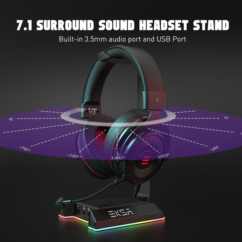 Headphones Stand EKSA W1 7.1Surround Gaming Headset Holder RGB with 2 USB and 3 3.5mm Ports for Gamer PC Accessories Desk - TIKIJTRONICS # 0