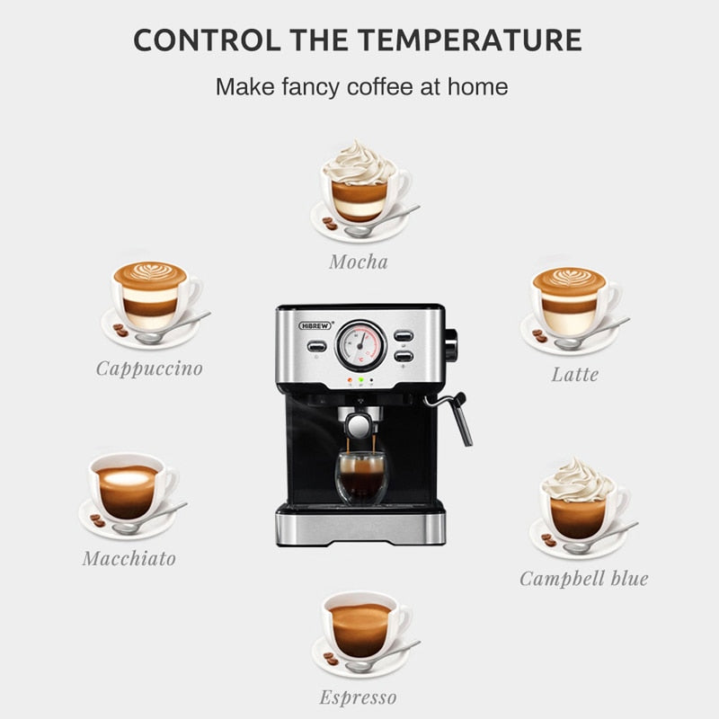 HiBREW Coffee Machine Cafetera 20 Bar Espresso inox Semi Automatic Expresso Cappuccino Hot Water Steam Temperature Display H5 - TIKIJTRONICS 0 SPECIFICATIONSmanual stop: yescup warming: yesauto stop: yesVoltage (V): 220V-240VType: Espresso Coffee MakerOrigin: Mainland ChinaHousing Material: Stainless SteelHiBREW Model: H5Function: EspressoCertification: CB,CE,GS,LFGB,UL,URCapacity (Cup): <5 cupsBrand Name: HiBREW TIKIJTRONICS  (Store description)