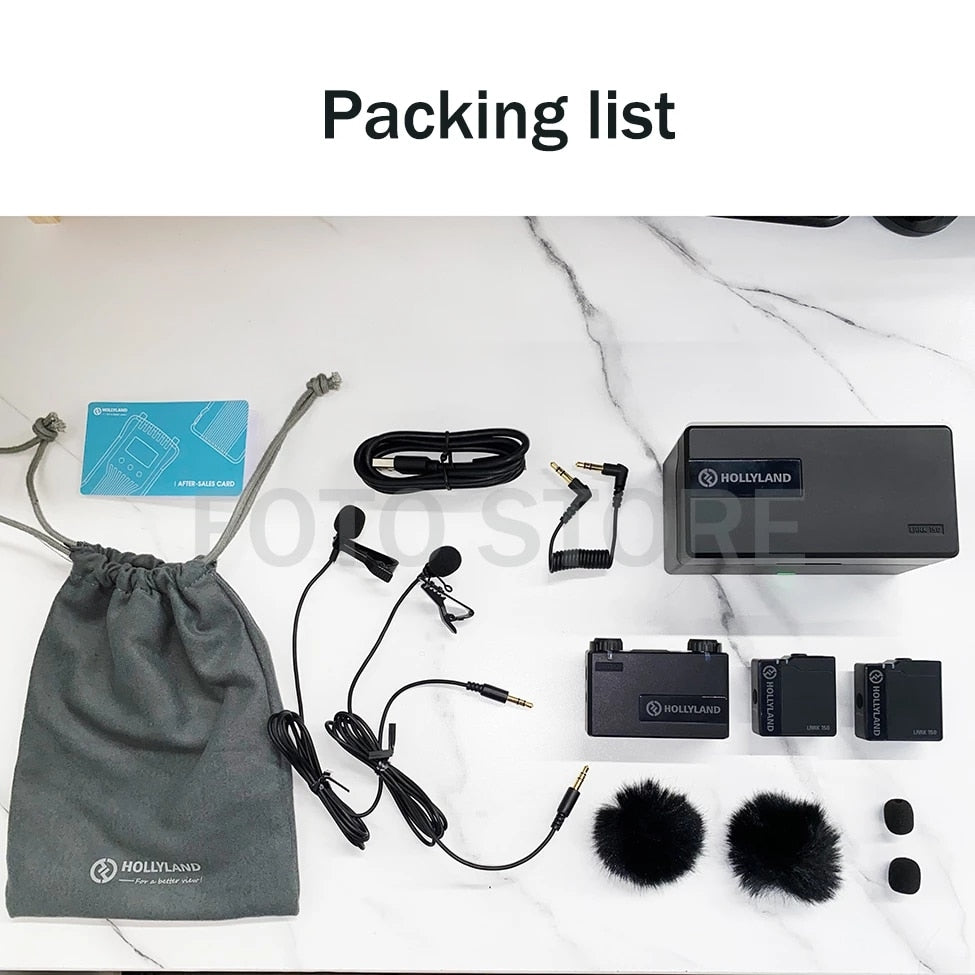 Hollyland LARK 150 Duo Wireless Lavalier Microphone Mic 2.4G Hz Charging Box for DSLR camera smartphones iPone Android VS rode - TIKIJTRONICS 0 SPECIFICATIONSPolar Pattern: OmnidirectionalOrigin: Mainland ChinaModel: LARK 150Microphone Type: Wireless MicrophoneConnectivity: WirelessCompatible device: Cameras,Tablets,PhonesBrand Name: HOLLYVIEW TIKIJTRONICS  (Store description)