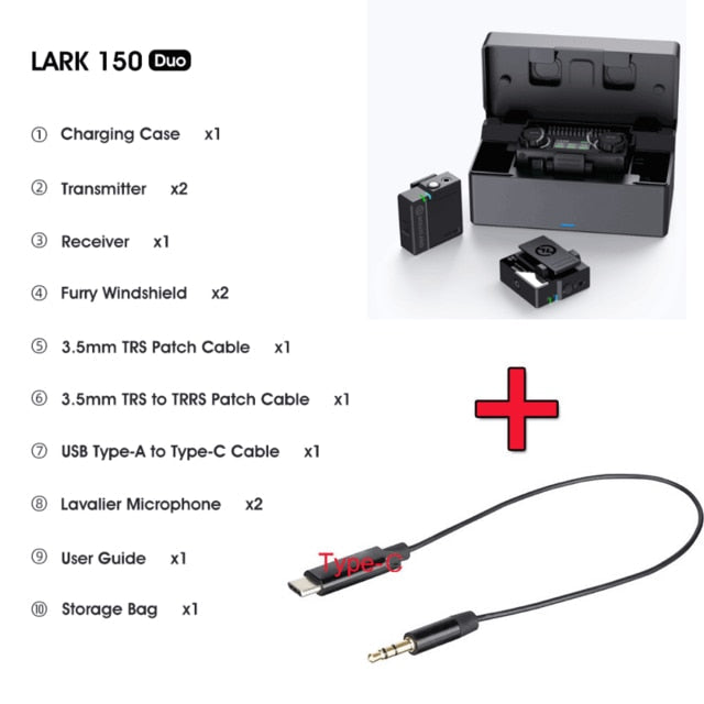 Hollyland LARK 150 Duo Wireless Lavalier Microphone Mic 2.4G Hz Charging Box for DSLR camera smartphones iPone Android VS rode - TIKIJTRONICS 0 SPECIFICATIONSPolar Pattern: OmnidirectionalOrigin: Mainland ChinaModel: LARK 150Microphone Type: Wireless MicrophoneConnectivity: WirelessCompatible device: Cameras,Tablets,PhonesBrand Name: HOLLYVIEW TIKIJTRONICS  (Store description)