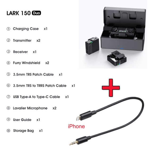 Hollyland LARK 150 Duo Wireless Lavalier Microphone Mic 2.4G Hz Charging Box for DSLR camera smartphones iPone Android VS rode - TIKIJTRONICS 0 SPECIFICATIONSPolar Pattern: OmnidirectionalOrigin: Mainland ChinaModel: LARK 150Microphone Type: Wireless MicrophoneConnectivity: WirelessCompatible device: Cameras,Tablets,PhonesBrand Name: HOLLYVIEW TIKIJTRONICS  (Store description)