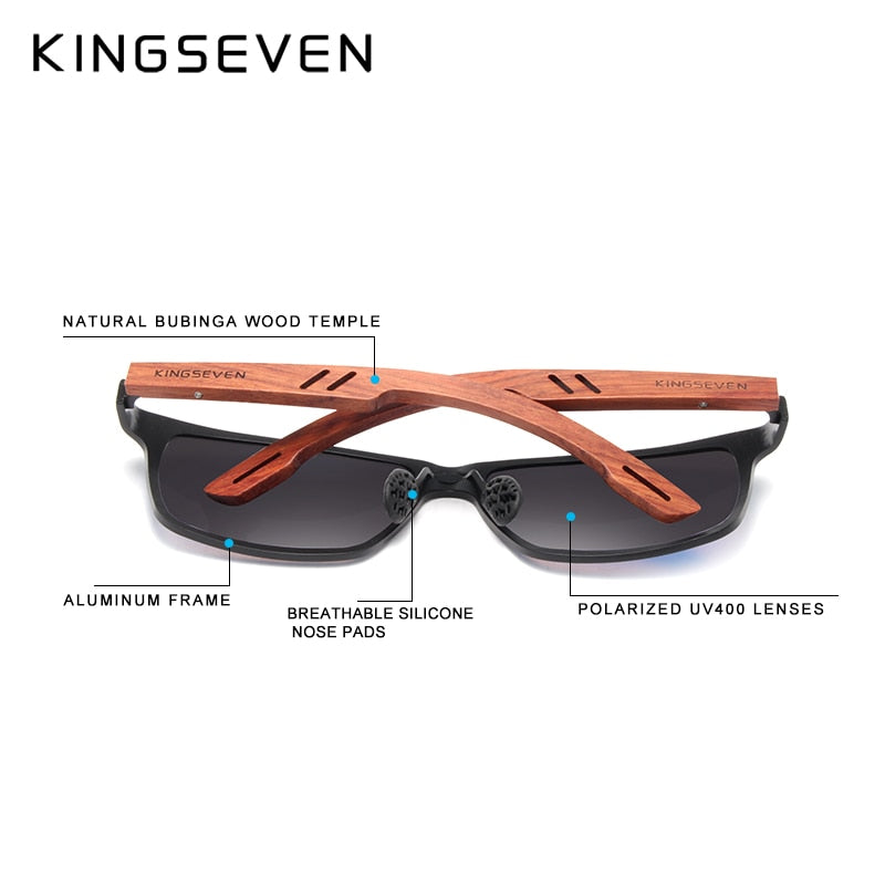 KINGSEVEN Designer Handmade Women Sunglasses Men Polarized Natural Bubinga Wooden+Aluminum Fashion Sun Glasses Square UV400 TIKIJTRONICS