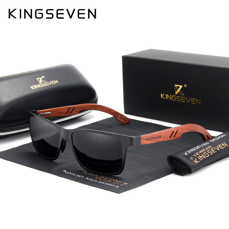 KINGSEVEN Designer Handmade Women Sunglasses Men Polarized Natural Bubinga Wooden+Aluminum Fashion Sun Glasses Square UV400 TIKIJTRONICS