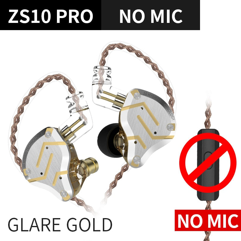 KZ ZS10 Pro Gold Earphones 4BA+1DD Hybrid 10 drivers HIFI Bass Earbuds In Ear Monitor Headphones Noise Cancelling Metal Headset TIKIJTRONICS