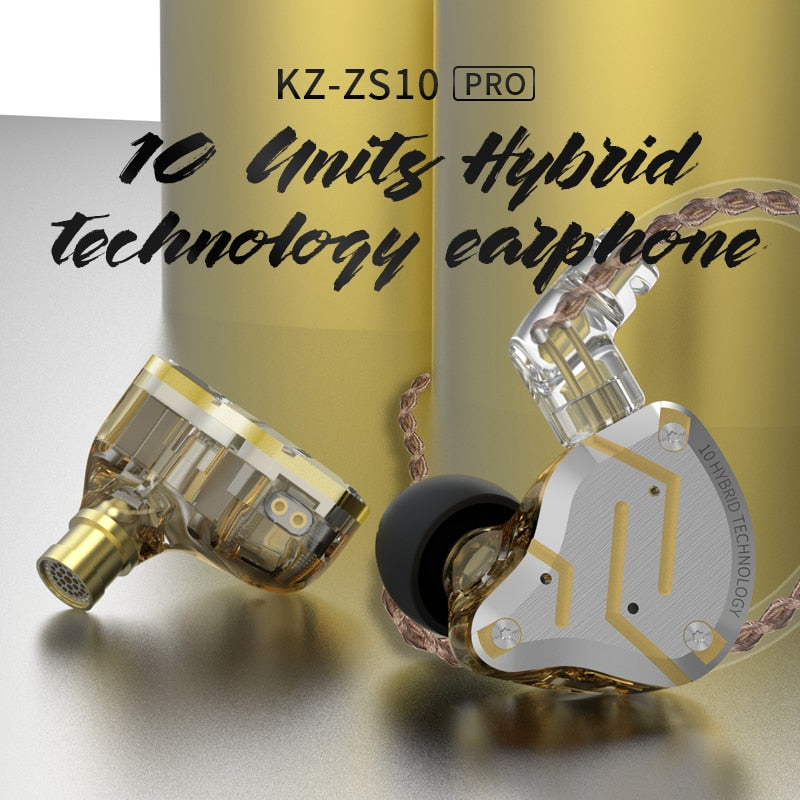 KZ ZS10 Pro Gold Earphones 4BA+1DD Hybrid 10 drivers HIFI Bass Earbuds In Ear Monitor Headphones Noise Cancelling Metal Headset TIKIJTRONICS