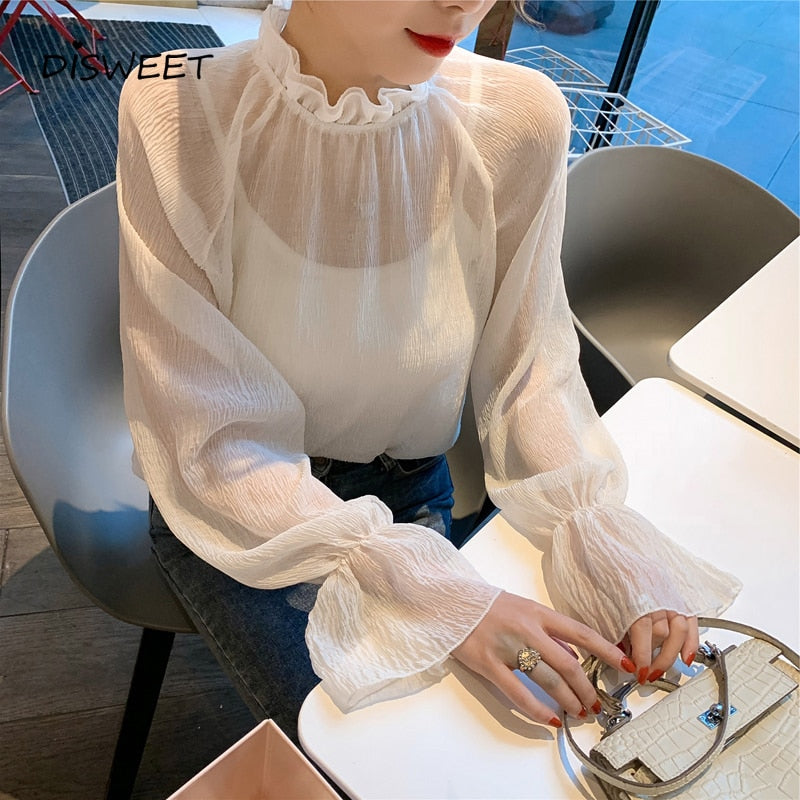 Korean Loose Bell Sleeve Chiffon Shirt Woman Simple Transparent Slim Ladies Shirt Ladies Casual Wrinkled Solid Blouses Women - TIKIJTRONICS # 0