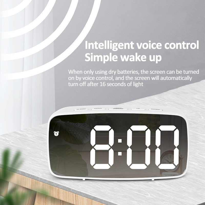 LED Mirror Screen Alarm Clock Creative Digital Clock Voice Control Snooze Time Date Temperature Display Rectangle/Round Style TIKIJTRONICS