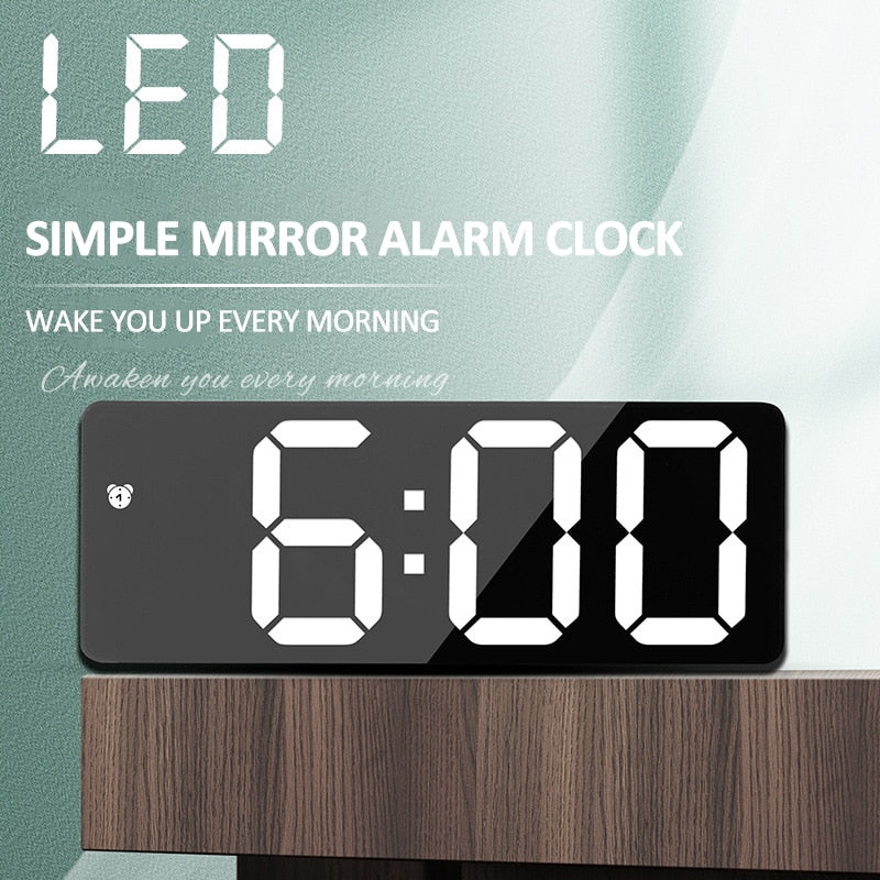 LED Mirror Screen Alarm Clock Creative Digital Clock Voice Control Snooze Time Date Temperature Display Rectangle/Round Style TIKIJTRONICS