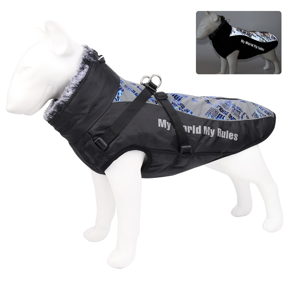 Large Dog Jacket Fur Collar Winter Dogs Clothes For Pet Waterproof Big Dog Coat With Removable Harness French Bulldog Pug Outfit - TIKIJTRONICS # 0