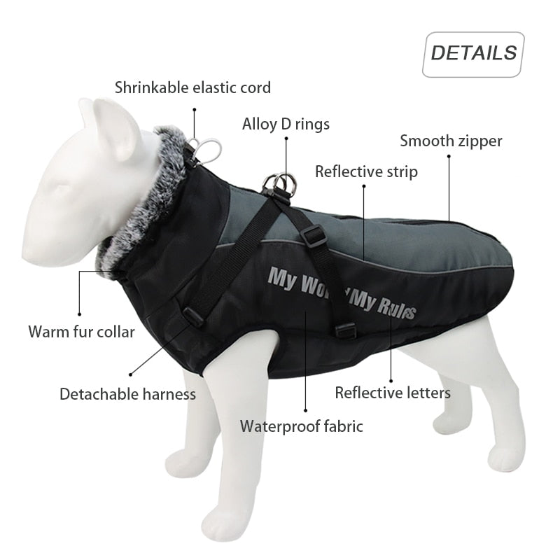 Large Dog Jacket Fur Collar Winter Dogs Clothes For Pet Waterproof Big Dog Coat With Removable Harness French Bulldog Pug Outfit - TIKIJTRONICS # 0