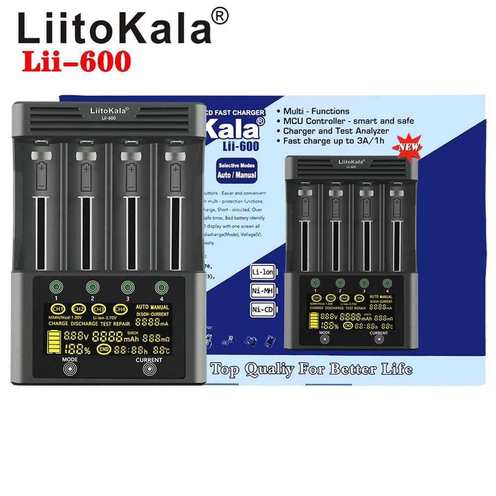 LiitoKala Lii-PD2 Lii-PD4 Lii-S8 Lii-500 Lii-600 Lii-PL2 battery Charger for 18650 26650 21700 AA AAA 3.7V lithium NiMH battery - TIKIJTRONICS 0 SPECIFICATIONSUse: Standard BatteryType: ElectricQuick charge: YesPackage: YesOrigin: Mainland ChinaIntelligent Charge: YesDisplay screen: NoData Transmission: OtherCertification: CE,FCC,RoHSBrand Name: liitokala TIKIJTRONICS  (Store description)