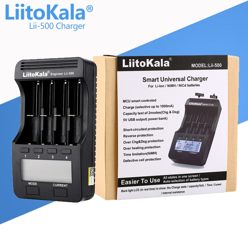 LiitoKala Lii-PD2 Lii-PD4 Lii-S8 Lii-500 Lii-600 Lii-PL2 battery Charger for 18650 26650 21700 AA AAA 3.7V lithium NiMH battery - TIKIJTRONICS 0 SPECIFICATIONSUse: Standard BatteryType: ElectricQuick charge: YesPackage: YesOrigin: Mainland ChinaIntelligent Charge: YesDisplay screen: NoData Transmission: OtherCertification: CE,FCC,RoHSBrand Name: liitokala TIKIJTRONICS  (Store description)