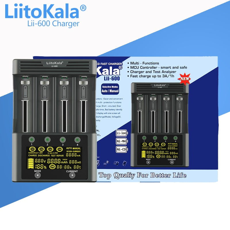 LiitoKala Lii-PD2 Lii-PD4 Lii-S8 Lii-500 Lii-600 Lii-PL2 battery Charger for 18650 26650 21700 AA AAA 3.7V lithium NiMH battery - TIKIJTRONICS 0 SPECIFICATIONSUse: Standard BatteryType: ElectricQuick charge: YesPackage: YesOrigin: Mainland ChinaIntelligent Charge: YesDisplay screen: NoData Transmission: OtherCertification: CE,FCC,RoHSBrand Name: liitokala TIKIJTRONICS  (Store description)