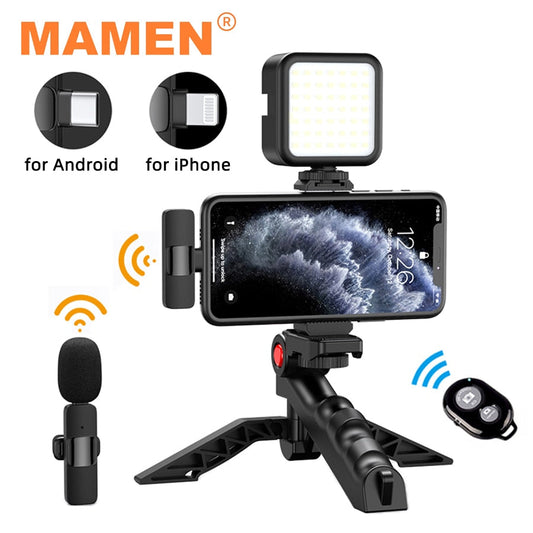 MAMEN Vlogging Kit Equipment Phone Tripod with 2.4G Wireless Lavalier Microphone for iPhone Android Smartphone Tablet SLR Camera TIKIJTRONICS