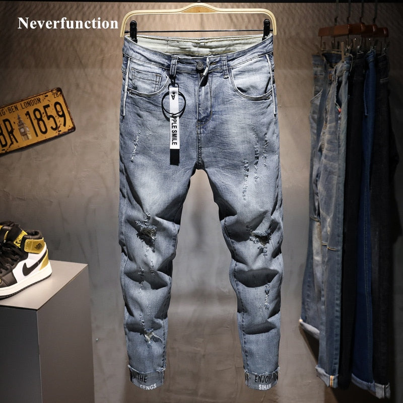 Men New Ripped Casual Skinny jeans Trousers Fashion Brand man streetwear Letter printed distressed Hole gray Denim pants - TIKIJTRONICS # 0