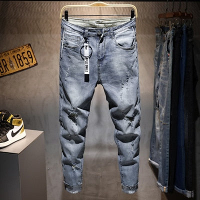 Men New Ripped Casual Skinny jeans Trousers Fashion Brand man streetwear Letter printed distressed Hole gray Denim pants - TIKIJTRONICS # 0