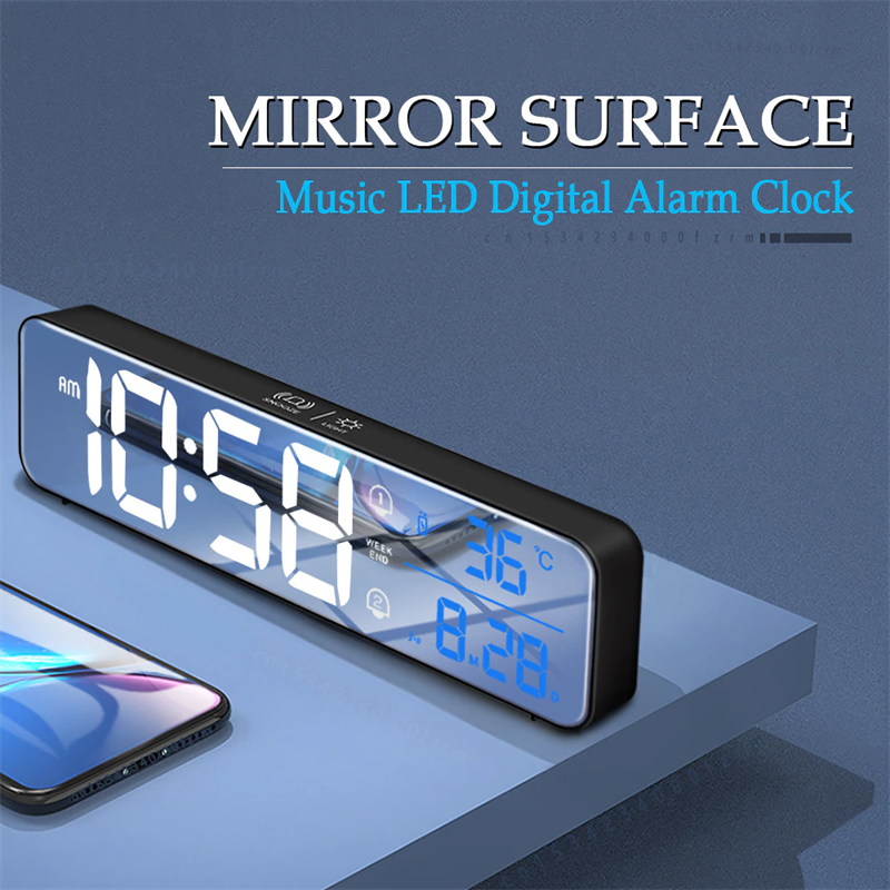 Music LED Digital Alarm Clock Temperature Date Display Desktop Mirror Clocks Home Table Decoration Voice Control 2400mAh Battery - TIKIJTRONICS # 0