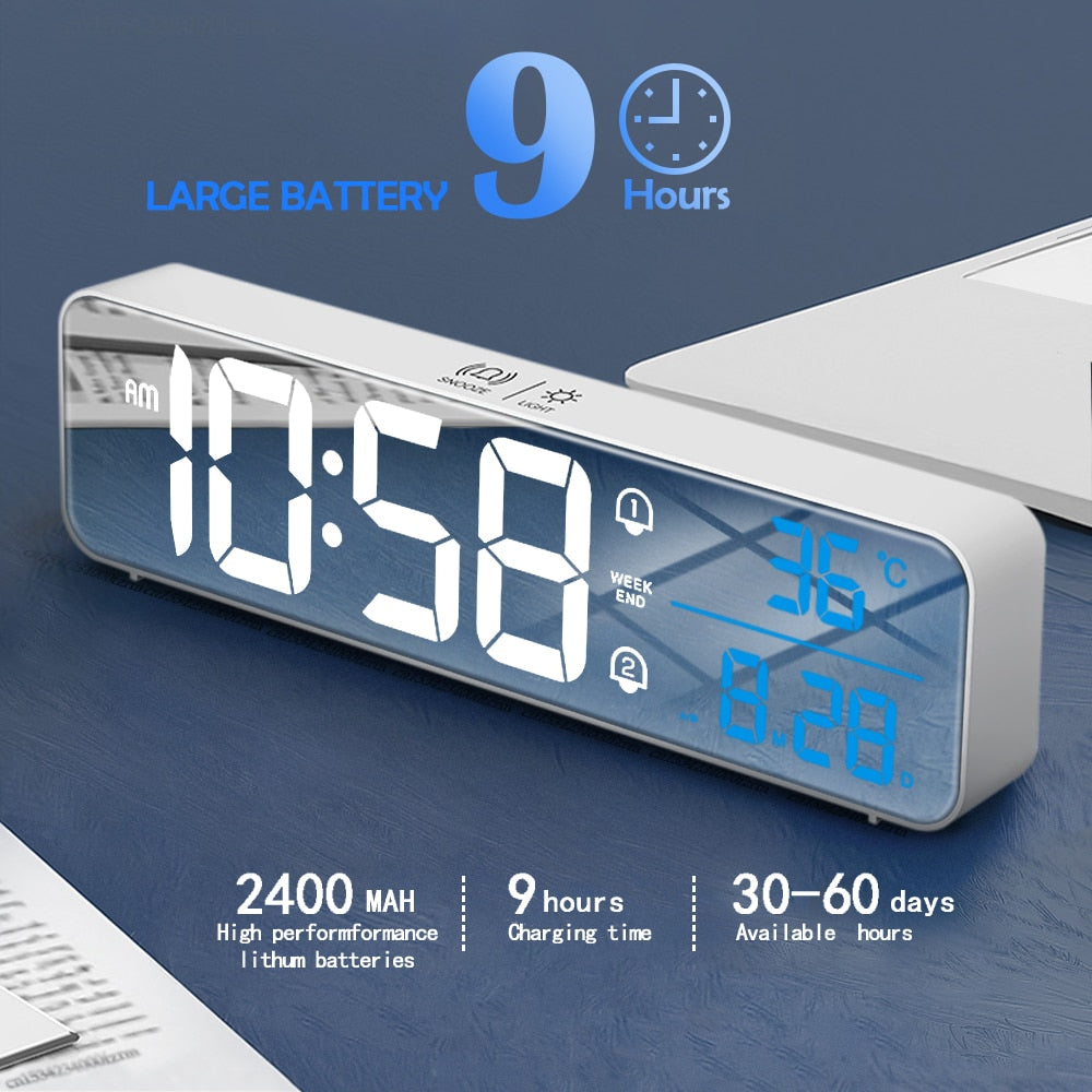 Music LED Digital Alarm Clock Temperature Date Display Desktop Mirror Clocks Home Table Decoration Voice Control 2400mAh Battery - TIKIJTRONICS # 0