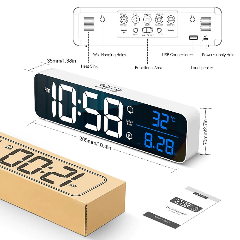 Music LED Digital Alarm Clock Temperature Date Display Desktop Mirror Clocks Home Table Decoration Voice Control 2400mAh Battery - TIKIJTRONICS # 0