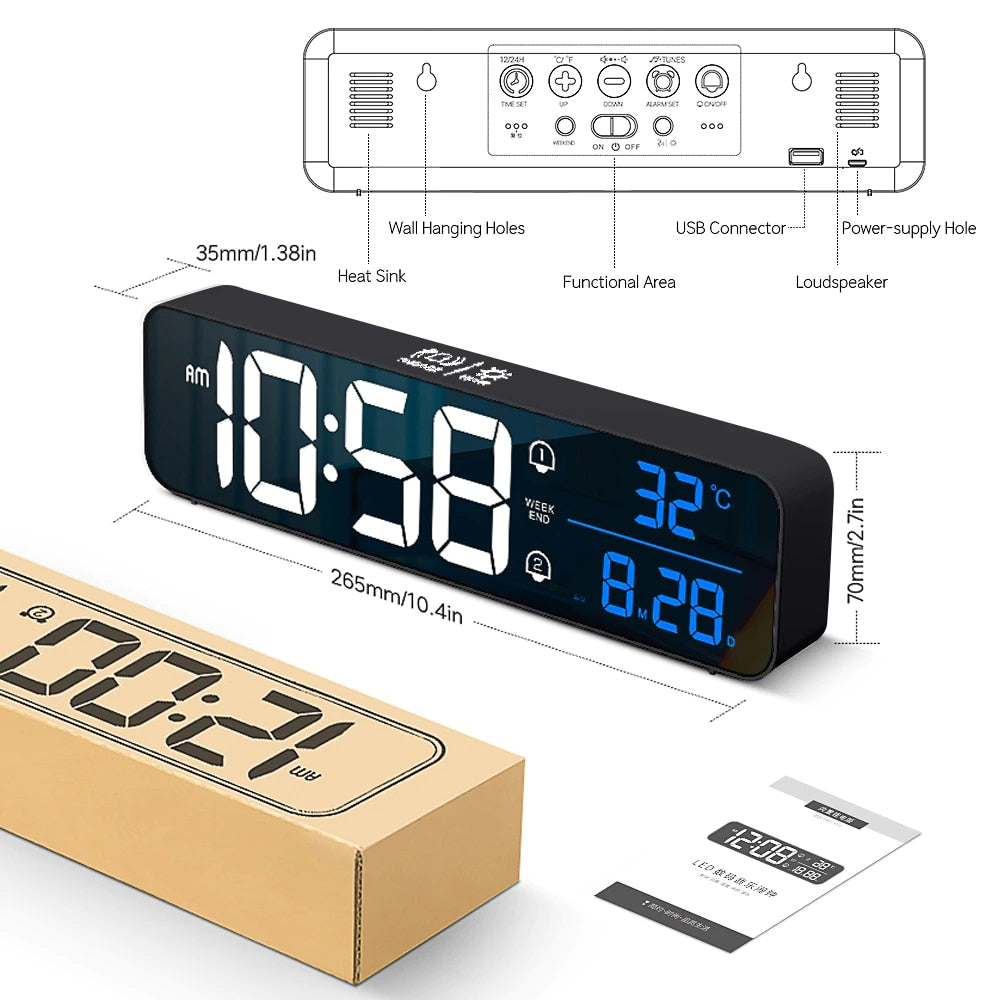 Music LED Digital Alarm Clock Temperature Date Display Desktop Mirror Clocks Home Table Decoration Voice Control 2400mAh Battery - TIKIJTRONICS # 0