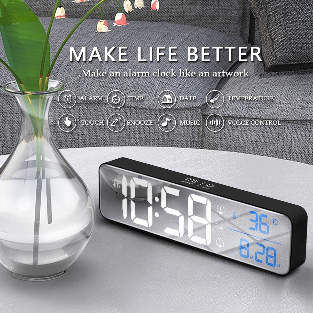 Music LED Digital Alarm Clock Temperature Date Display Desktop Mirror Clocks Home Table Decoration Voice Control 2400mAh Battery - TIKIJTRONICS # 0