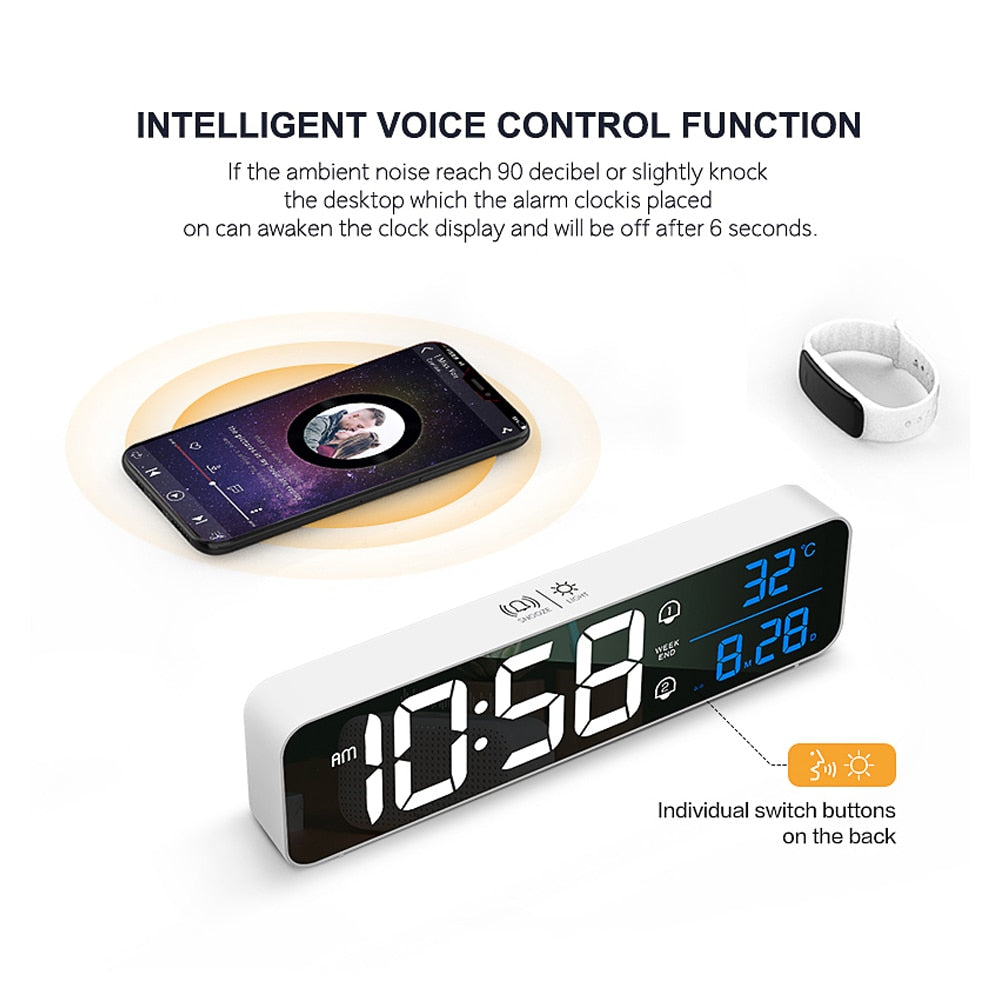 Music LED Digital Alarm Clock Temperature Date Display Desktop Mirror Clocks Home Table Decoration Voice Control 2400mAh Battery - TIKIJTRONICS # 0