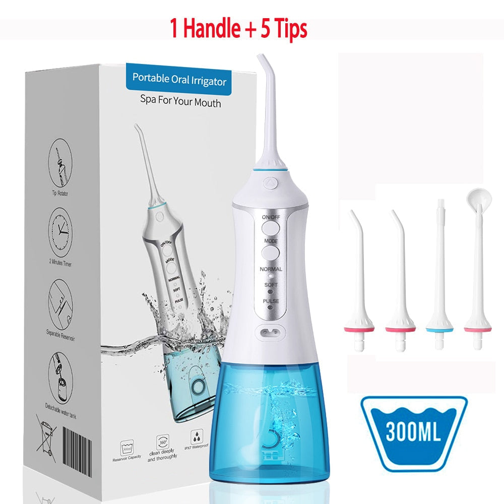 NEW Oral Irrigador Dental USB Rechargeable Water Floss Portable Dental Water Flosser Irrigation Teeth Cleaner+5 Jet 300ml - TIKIJTRONICS 0 SPECIFICATIONSType: Electric Oral IrrigatorOrigin: Mainland ChinaModel Number: WF201Item Type: Oral IrrigatorCommodity Quality Certification: ceAge Group: Adults TIKIJTRONICS  (Store description)