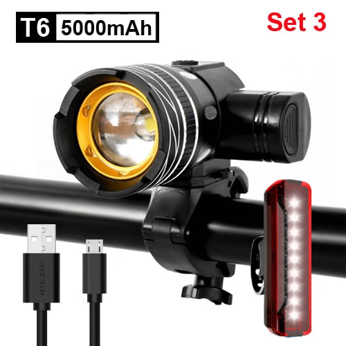 NEWBOLER 5000mAh Bicycle Light Set T6 USB Rechargeable Battery Adjustable Zoom Bike Front Headlight Cycling Lamp with Taillight - TIKIJTRONICS # 0