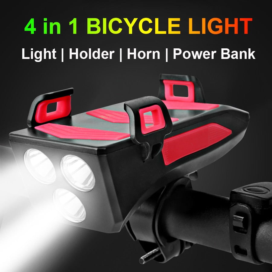 NEWBOLER Multi-function 4 in 1 Bicycle Light USB Rechargeable LED Bike Headlight Bike Horn Phone Holder Powerbank Cycling Light - TIKIJTRONICS # 0