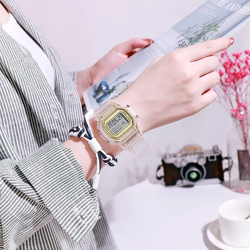 New Fashion Transparent Digital Watch Square Women Watches Sports Electronic Wrist Watch Reloj Mujer Clock Dropshipping - TIKIJTRONICS 0 SPECIFICATIONSWater Resistance Depth: 3BarStyle: simpleOrigin: Mainland ChinaMovement: DigitalFeature: AlarmFeature: Water ResistantFeature: Complete CalendarFeature: luminous handsDial Window Material Type: HardlexClasp Type: Bracelet ClaspCase Shape: RectangleCase Material: Tungsten SteelBand Material Type: Silicone TIKIJTRONICS  (Store description)