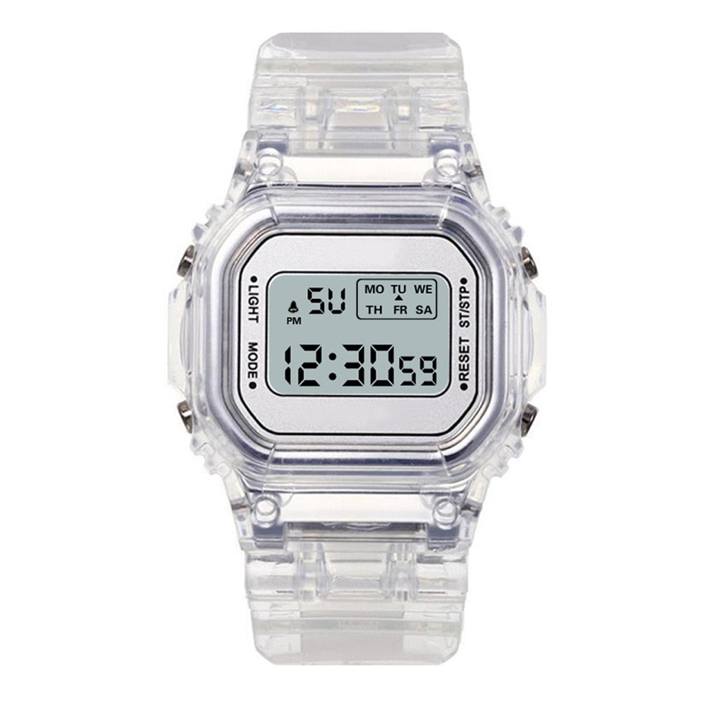 New Fashion Transparent Digital Watch Square Women Watches Sports Electronic Wrist Watch Reloj Mujer Clock Dropshipping - TIKIJTRONICS 0 SPECIFICATIONSWater Resistance Depth: 3BarStyle: simpleOrigin: Mainland ChinaMovement: DigitalFeature: AlarmFeature: Water ResistantFeature: Complete CalendarFeature: luminous handsDial Window Material Type: HardlexClasp Type: Bracelet ClaspCase Shape: RectangleCase Material: Tungsten SteelBand Material Type: Silicone TIKIJTRONICS  (Store description)