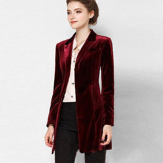 New Female High Quality Chic Tops Europe women's velvet blazer Slim Fit Long OL jacket Ladies Blouses Suit Coat Free Shipping - Premium 0 from TIKIJTRONICS - Just $71.99! Shop now at TIKIJTRONICS