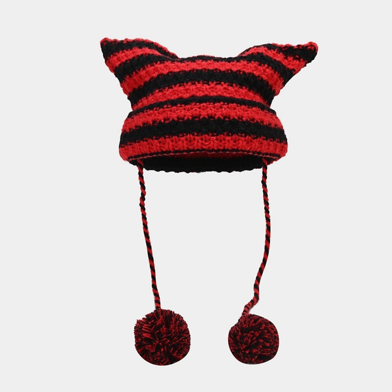 New Japanese Streetwear Harajuku Beanie Little Devil Striped Knitted Hat Women Girls Autumn Winter Cute Cat Ears Cap TIKIJTRONICS