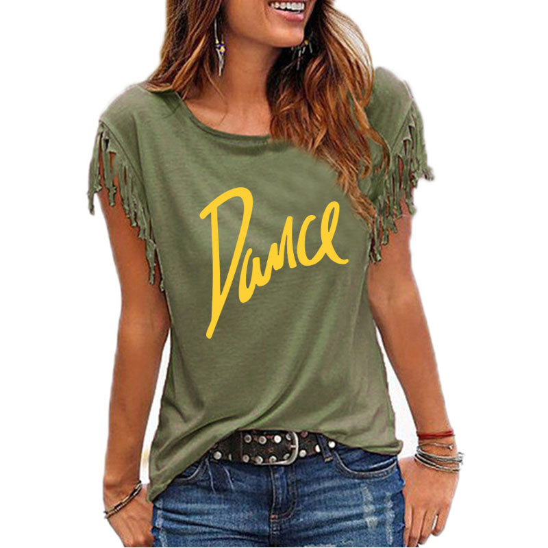 New Summer Casual Letter Dance Women Cotton Tassel Casual T-shirt Loose Tees Short Sleeve O-neck Women's Clothing t shirt TIKIJTRONICS