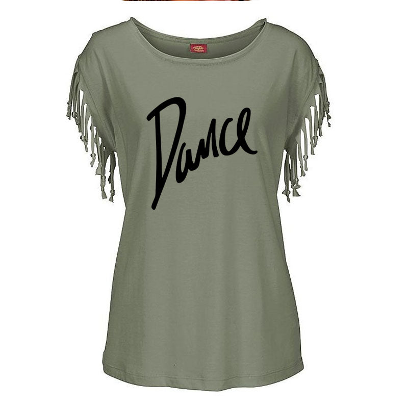 New Summer Casual Letter Dance Women Cotton Tassel Casual T-shirt Loose Tees Short Sleeve O-neck Women's Clothing t shirt TIKIJTRONICS