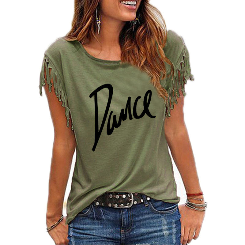 New Summer Casual Letter Dance Women Cotton Tassel Casual T-shirt Loose Tees Short Sleeve O-neck Women's Clothing t shirt TIKIJTRONICS