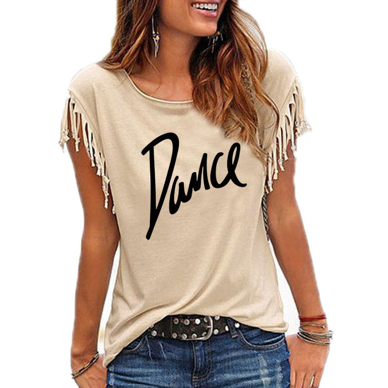 New Summer Casual Letter Dance Women Cotton Tassel Casual T-shirt Loose Tees Short Sleeve O-neck Women's Clothing t shirt TIKIJTRONICS