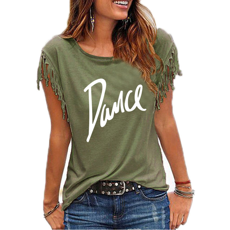 New Summer Casual Letter Dance Women Cotton Tassel Casual T-shirt Loose Tees Short Sleeve O-neck Women's Clothing t shirt TIKIJTRONICS