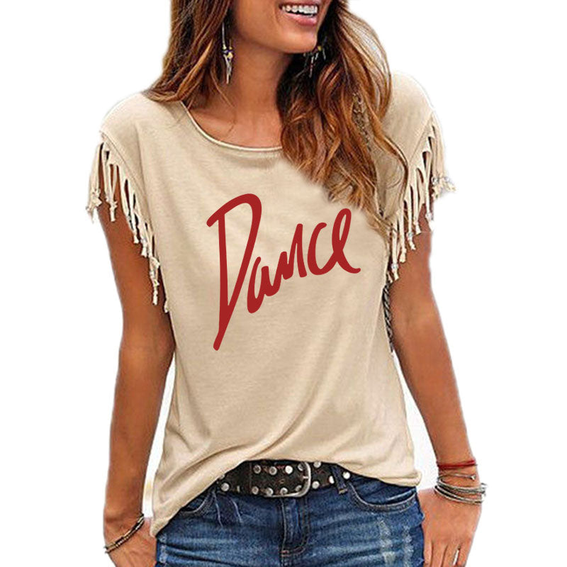 New Summer Casual Letter Dance Women Cotton Tassel Casual T-shirt Loose Tees Short Sleeve O-neck Women's Clothing t shirt TIKIJTRONICS