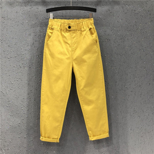 New Arrival Summer Women Harem Pants All-matched Casual Cotton Denim Pants Elastic Waist 6XL Size Yellow White Jeans D321 - TIKIJTRONICS # 0