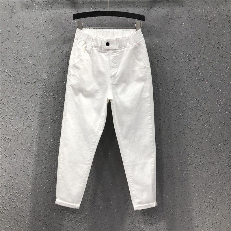 New Arrival Summer Women Harem Pants All-matched Casual Cotton Denim Pants Elastic Waist 6XL Size Yellow White Jeans D321 - TIKIJTRONICS # 0