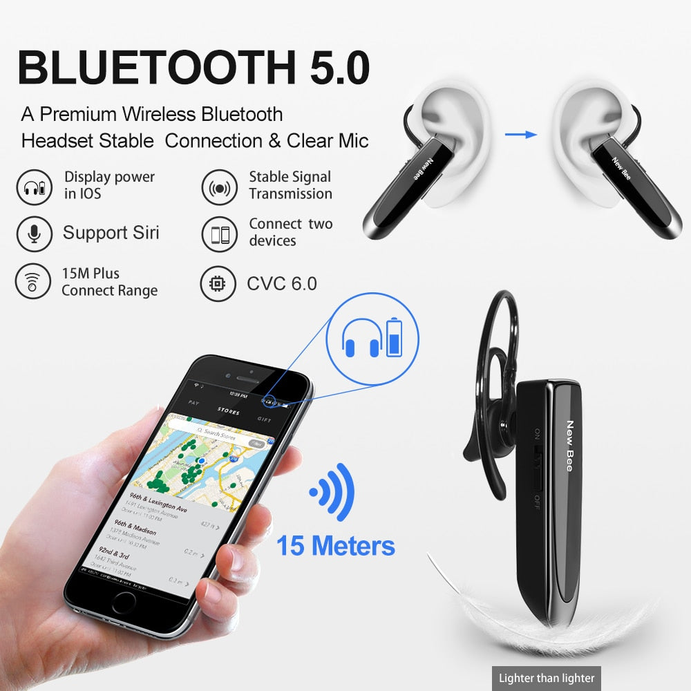 New Bee Bluetooth Headset V5.0 Wireless Earphones Headphones with Mic 24Hrs Earbuds Earpiece Mini Handsfree for iPhone xiaomi - TIKIJTRONICS # 0