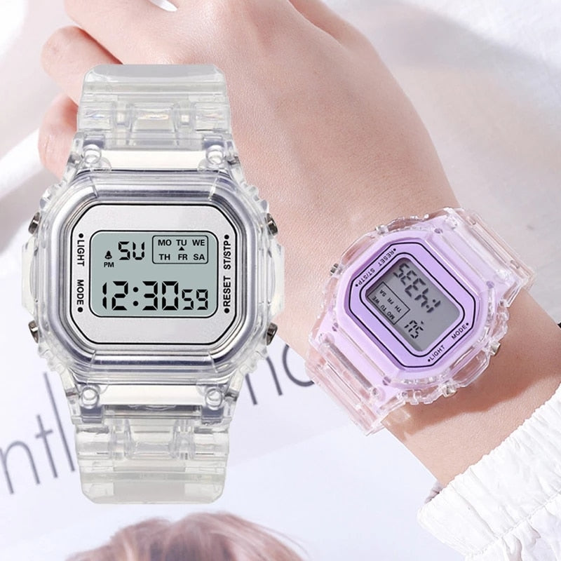 New Fashion Transparent Digital Watch Square Women Watches Sports Electronic Wrist Watch Reloj Mujer Clock Dropshipping - TIKIJTRONICS 0 SPECIFICATIONSWater Resistance Depth: 3BarStyle: simpleOrigin: Mainland ChinaMovement: DigitalFeature: AlarmFeature: Water ResistantFeature: Complete CalendarFeature: luminous handsDial Window Material Type: HardlexClasp Type: Bracelet ClaspCase Shape: RectangleCase Material: Tungsten SteelBand Material Type: Silicone TIKIJTRONICS  (Store description)