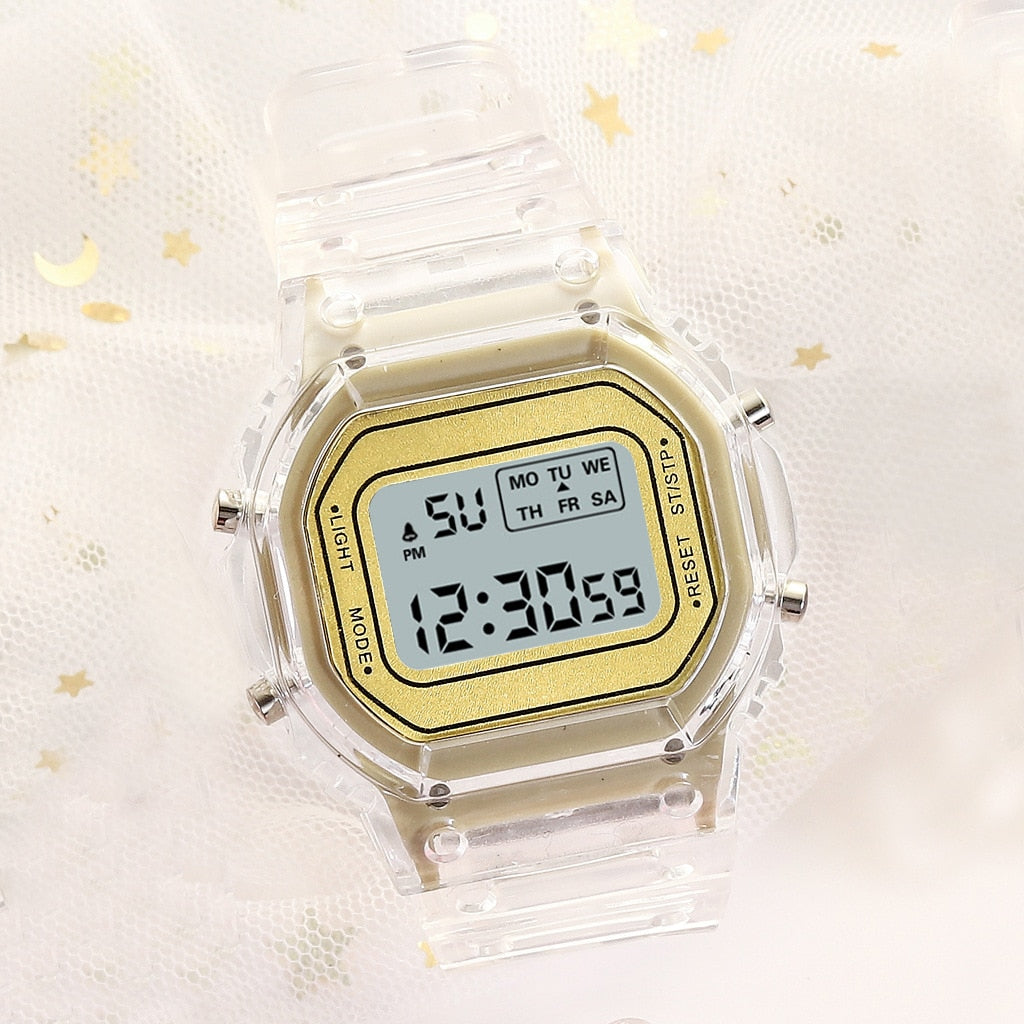 New Fashion Transparent Digital Watch Square Women Watches Sports Electronic Wrist Watch Reloj Mujer Clock Dropshipping - TIKIJTRONICS 0 SPECIFICATIONSWater Resistance Depth: 3BarStyle: simpleOrigin: Mainland ChinaMovement: DigitalFeature: AlarmFeature: Water ResistantFeature: Complete CalendarFeature: luminous handsDial Window Material Type: HardlexClasp Type: Bracelet ClaspCase Shape: RectangleCase Material: Tungsten SteelBand Material Type: Silicone TIKIJTRONICS  (Store description)